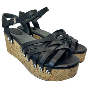 Bussola‎ Leather Black Strappy Wedge Cork Heels Platform Sandal 40 9-9.5